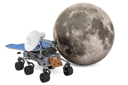 Moon rover, planetary rover with Moon. 3D rendering isolated on white backgroundの写真素材