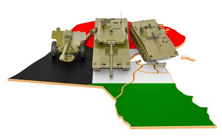 Combat vehicles on Kuwait map. Military defence of Kuwait concept, 3D rendering isolated on white backgroundの写真素材