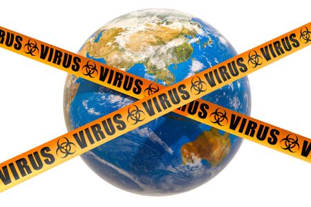 Earth globe with viruses and caution barrier tapes, 3D rendering isolated on white background