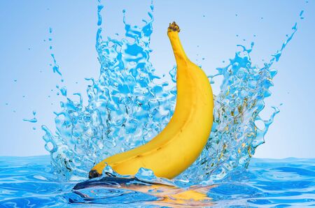 Banana with water splashes, 3D rendering on blue backgroundの写真素材