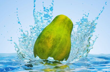 Papaya with water splashes, 3D rendering on blue backgroundの写真素材
