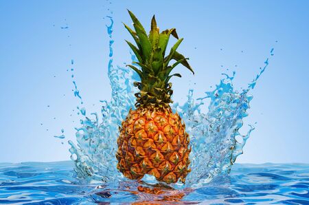 Pineapple with water splashes, 3D rendering on blue backgroundの写真素材