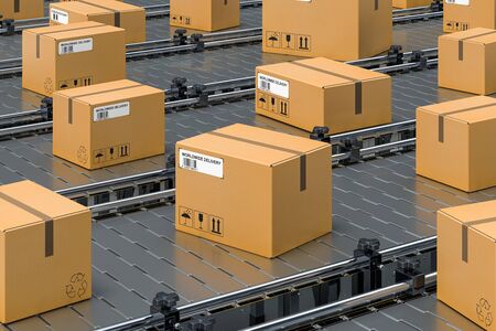 Cardboard boxes, parcels on conveyor lines. 3D rendering