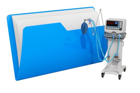 Computer folder icon with medical ventilator ICU. 3D rendering isolated on white background