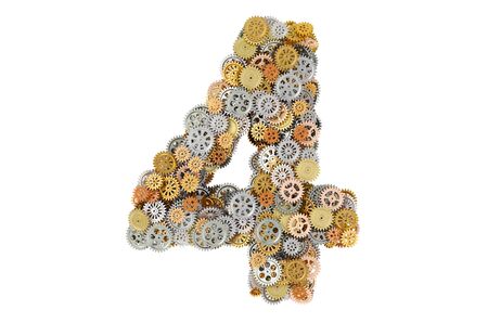 Number 4 from gearwheels, 3D rendering isolated on white background