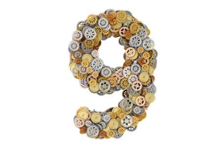 Number 9 from gearwheels, 3D rendering isolated on white backgroundの写真素材