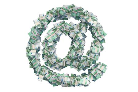 E-mail, at sign from euro packs coins, 3D rendering isolated on white backgroundの写真素材