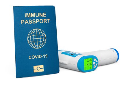Immune passport with infrared electronic thermometer, 3D rendering isolated on white backgroundの写真素材