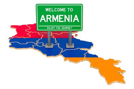 Billboard Welcome to Armenia on Armenian map, 3D rendering isolated on white backgroundの写真素材