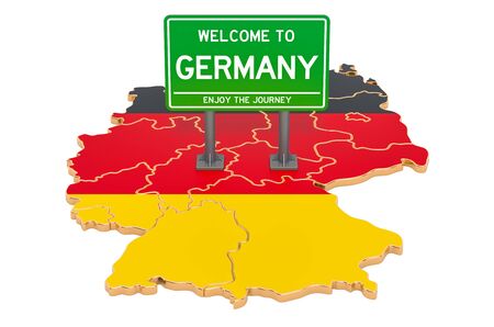 Billboard Welcome to Germany on German map, 3D rendering isolated on white backgroundの写真素材