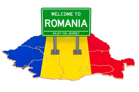 Billboard Welcome to Romania on Romanian map, 3D rendering isolated on white backgroundの写真素材