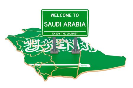 Billboard Welcome to Saudi Arabia on Saudi Arabian map, 3D rendering isolated on white backgroundの写真素材