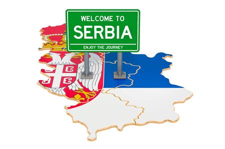 Billboard Welcome to Serbia on Serbian map, 3D rendering isolated on white backgroundの写真素材
