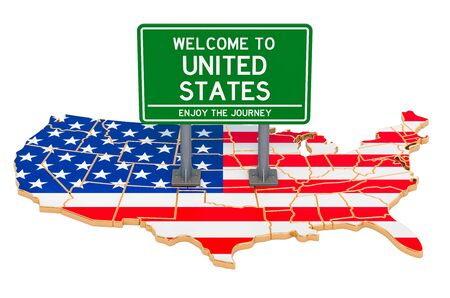Billboard Welcome to the USA on American map, 3D rendering isolated on white backgroundの写真素材