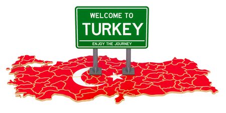 Billboard Welcome to Turkey on Turkish map, 3D rendering isolated on white backgroundの写真素材
