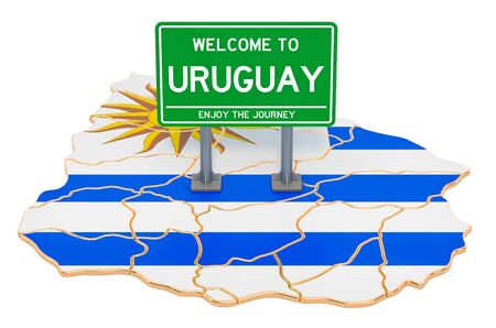 Billboard Welcome to Uruguay on Uruguayan map, 3D rendering isolated on white backgroundの写真素材