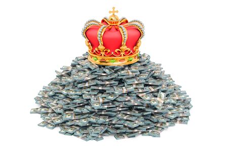 Crown on the heap of dollar packs, 3D rendering isolated on white backgroundの写真素材