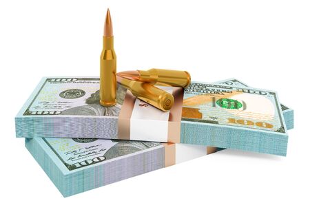 Dollar packs with bullet. Crime concept, 3D rendering isolated on white background