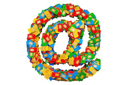 E-mail, at sign from colored SIM cards, 3D rendering isolated on white backgroundの写真素材