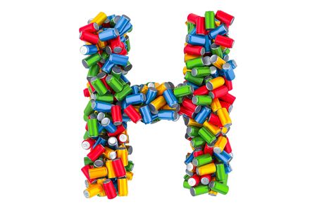 Letter H from colored metallic drink cans, 3D rendering isolated on white backgroundの写真素材