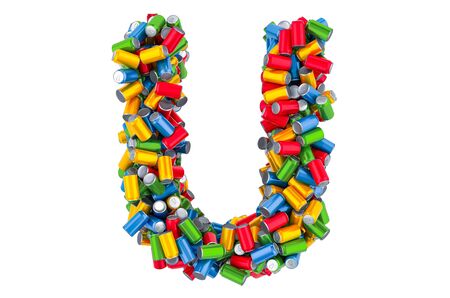 Letter U from colored metallic drink cans, 3D rendering isolated on white backgroundの写真素材