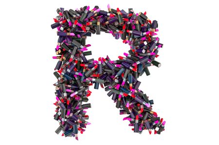 Letter R from colored lipsticks, 3D rendering isolated on white backgroundの写真素材