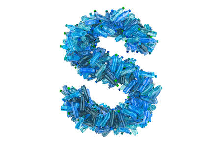 Letter S from plastic water bottles, 3D rendering isolated on white background