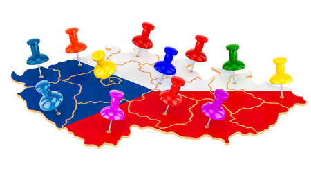Map of Czech Republic with colored push pins, 3D rendering isolated on white backgroundの写真素材