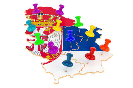 Map of Serbia with colored push pins, 3D rendering isolated on white backgroundの写真素材