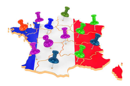 Map of France with colored push pins, 3D rendering isolated on white backgroundの写真素材