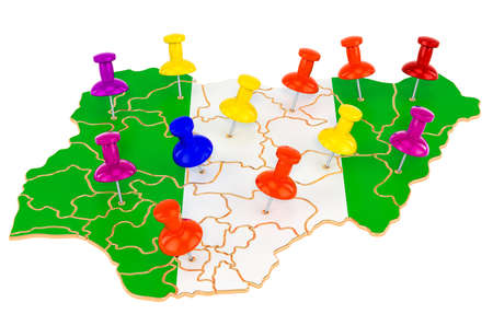 Map of Nigeria with colored push pins, 3D rendering isolated on white background