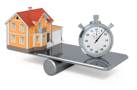 House and Stopwatch, Balance concept. 3D rendering isolated on white backgroundの写真素材