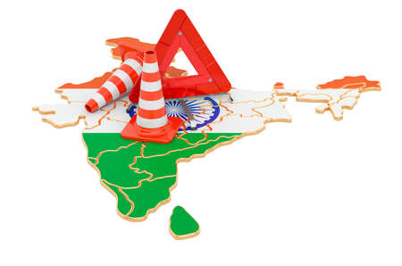 Indian map with traffic cones and warning triangle, 3D rendering isolated on white backgroundの写真素材