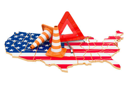 The United States map with traffic cones and warning triangle, 3D rendering isolated on white...