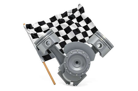 Checkered flag with V8 engine pistons. Racing concept, 3D rendering isolated on white background