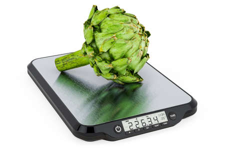 Kitchen Scales with Artichoke. 3D rendering isolated on white backgroundの写真素材