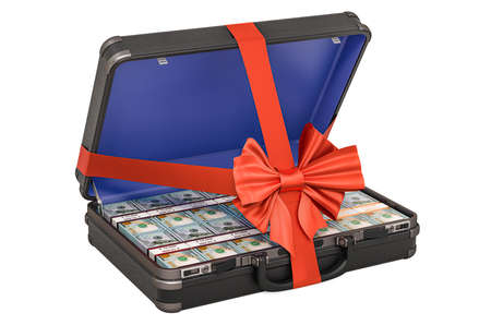 Hard case full of dollar packs with red bow, 3D rendering isolated on white background
