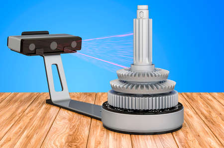 3D scanner on the wooden table. 3D rendering