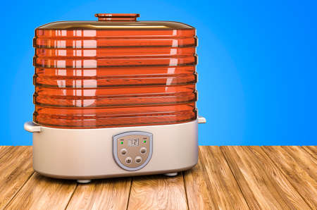 Electric Food Dehydrator on the wooden table. 3D renderingの写真素材