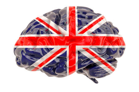 Human brain with British flag. Scientific research and education in the United Kingdom concept, 3D...