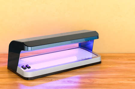 Currency detector, detector banknotes on the wooden table. 3D renderingの写真素材