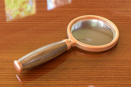 Loupe, magnifier, magnifying glass on the wooden table, 3D renderingの写真素材
