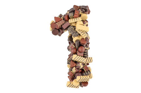 Number 1 from chocolate candies. 3D rendering isolated on white background