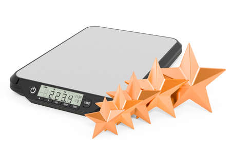 Customer rating of digital kitchen scales concept. 3D rendering isolated on white backgroundの写真素材