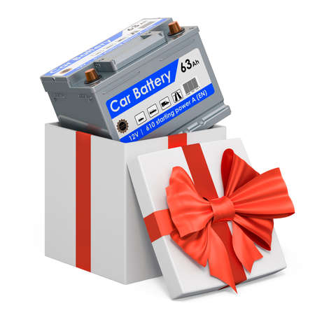 Car battery inside gift box, present concept. 3D rendering isolated on white background