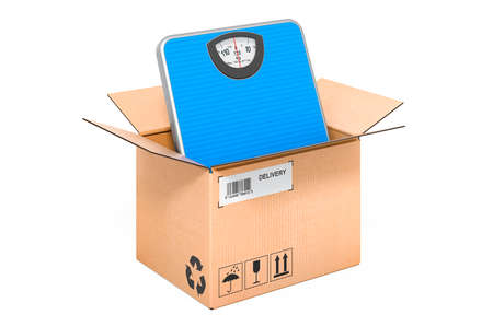 Bathroom scale inside cardboard box, delivery concept. 3D rendering isolated on white backgroundの写真素材