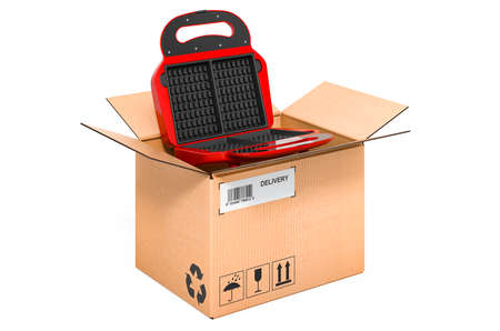 Waffle iron inside cardboard box, delivery concept. 3D rendering isolated on white background