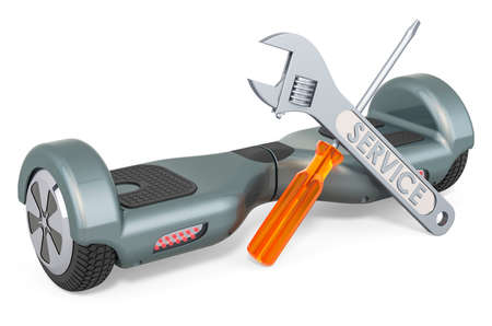 Service and repair of hoverboard or self-balancing scooter, 3D rendering isolated on white...