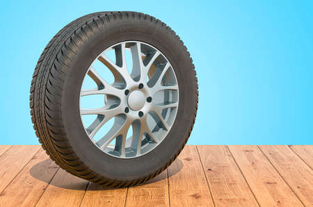 Car wheel on the wooden planks, 3D rendering