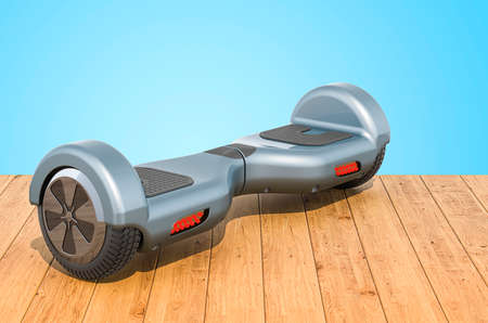 Hoverboard or self-balancing scooter on the wooden planks, 3D rendering